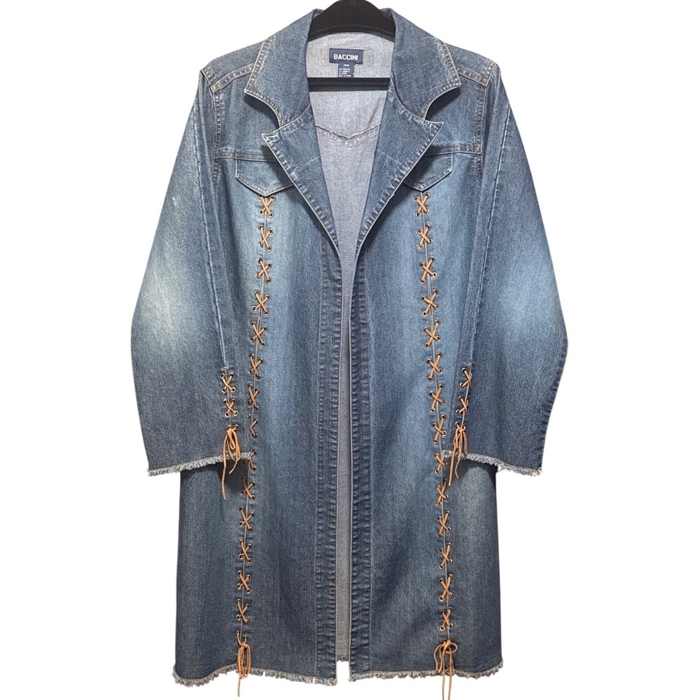 Baccini‎ Women 14W Blue Denim Duster Jacket Lace Up Longline Hem Medium Wash